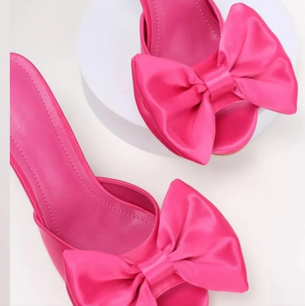 Pink Satin Bow High Heeled Mule Shoe - Picture 6 of 6